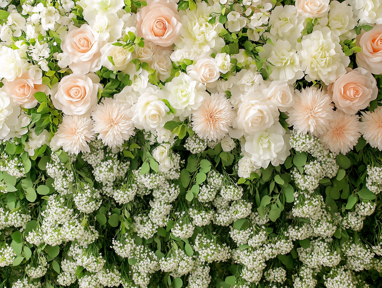 Pastel colors and flowers backdrop for wedding party photowall.