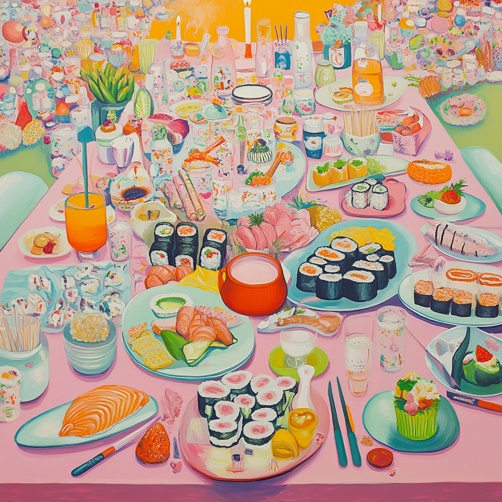 Pastel dining room table with sushi, veggies, drinks.