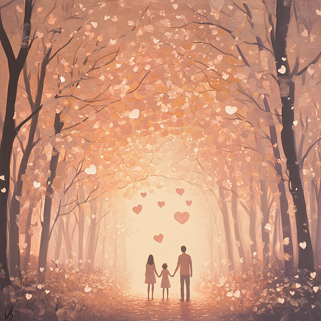 Pastel forest at sunset, family silhouettes in love.