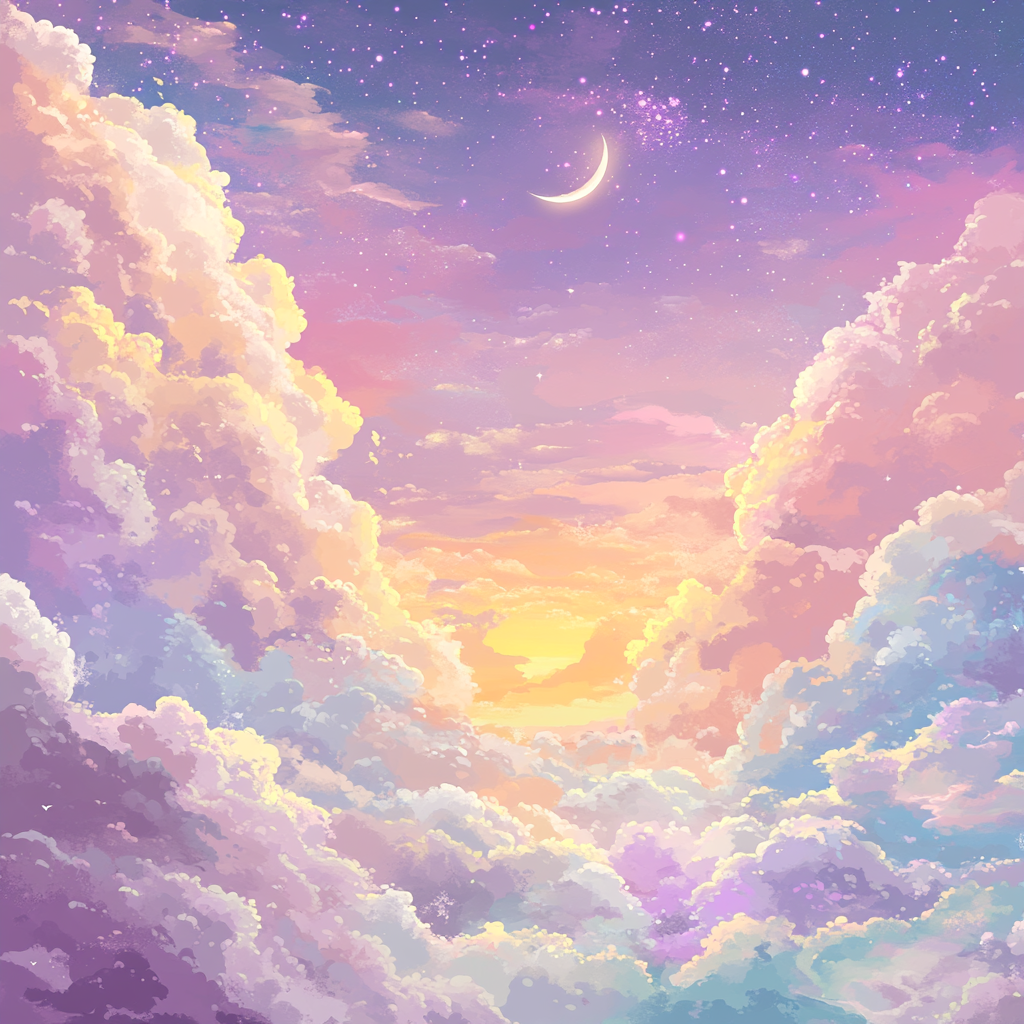 Pastel gradient with clouds, starry sky, small moon