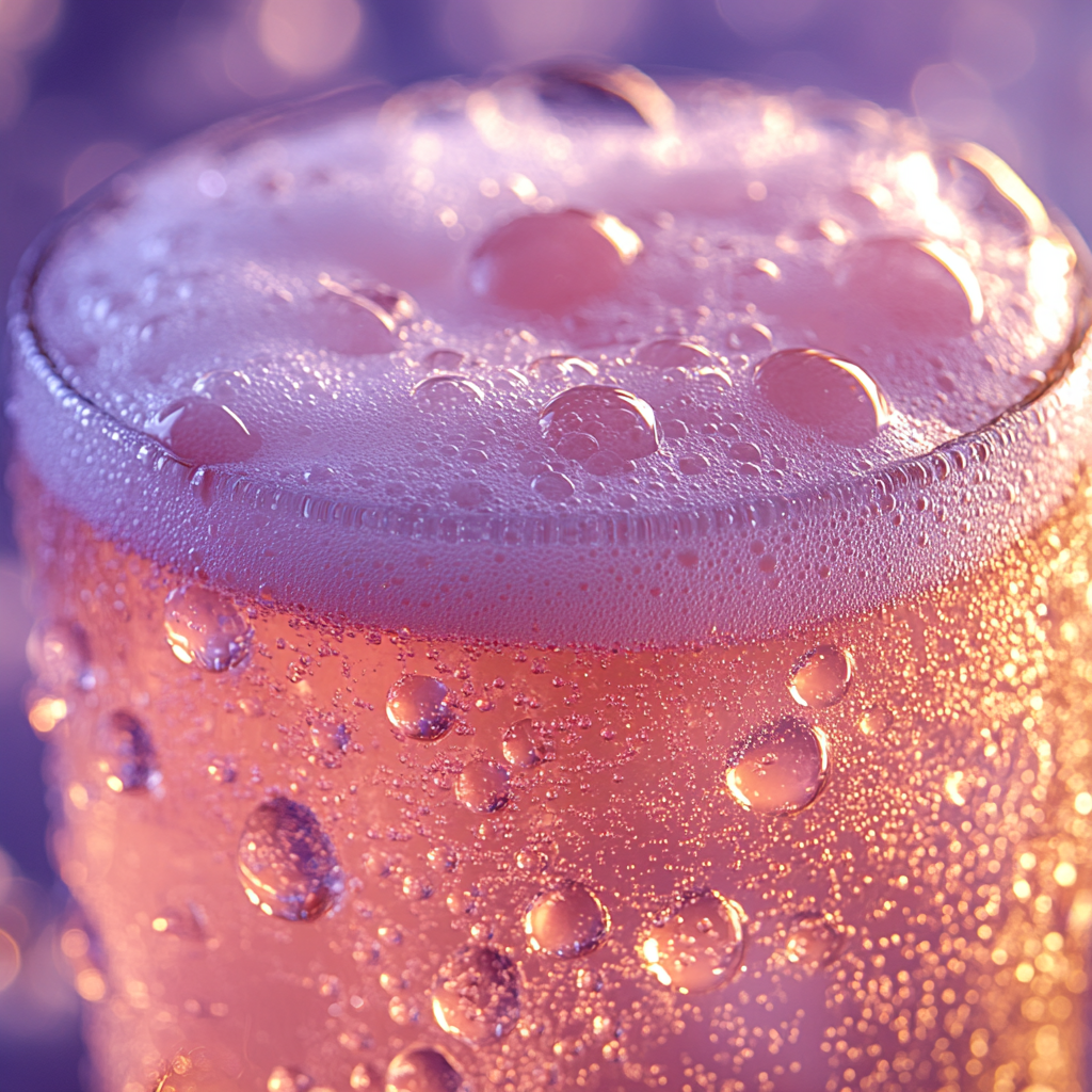 Pastel pink-blue beer foam close-up with water droplets.