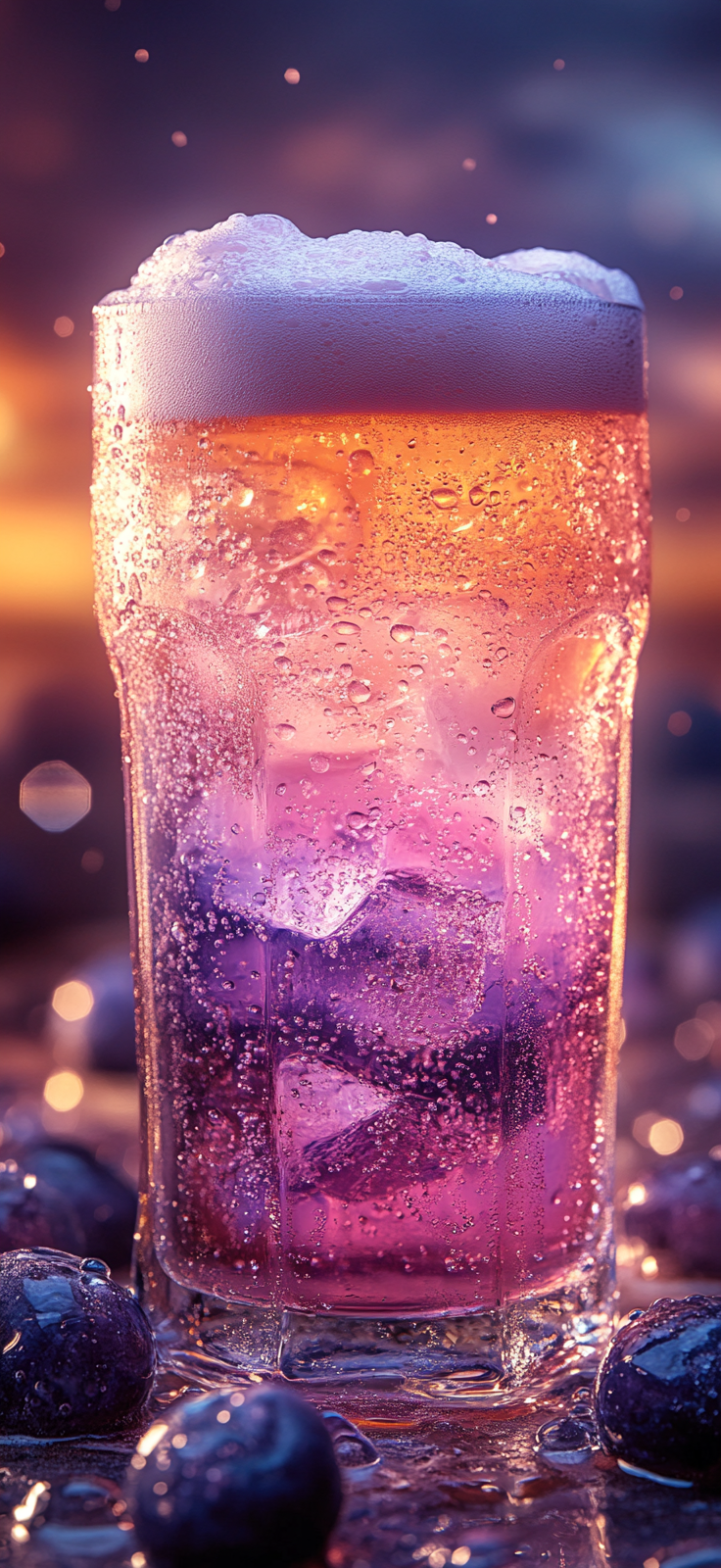 Pastel pink-blue beer foam with water droplets on glass.