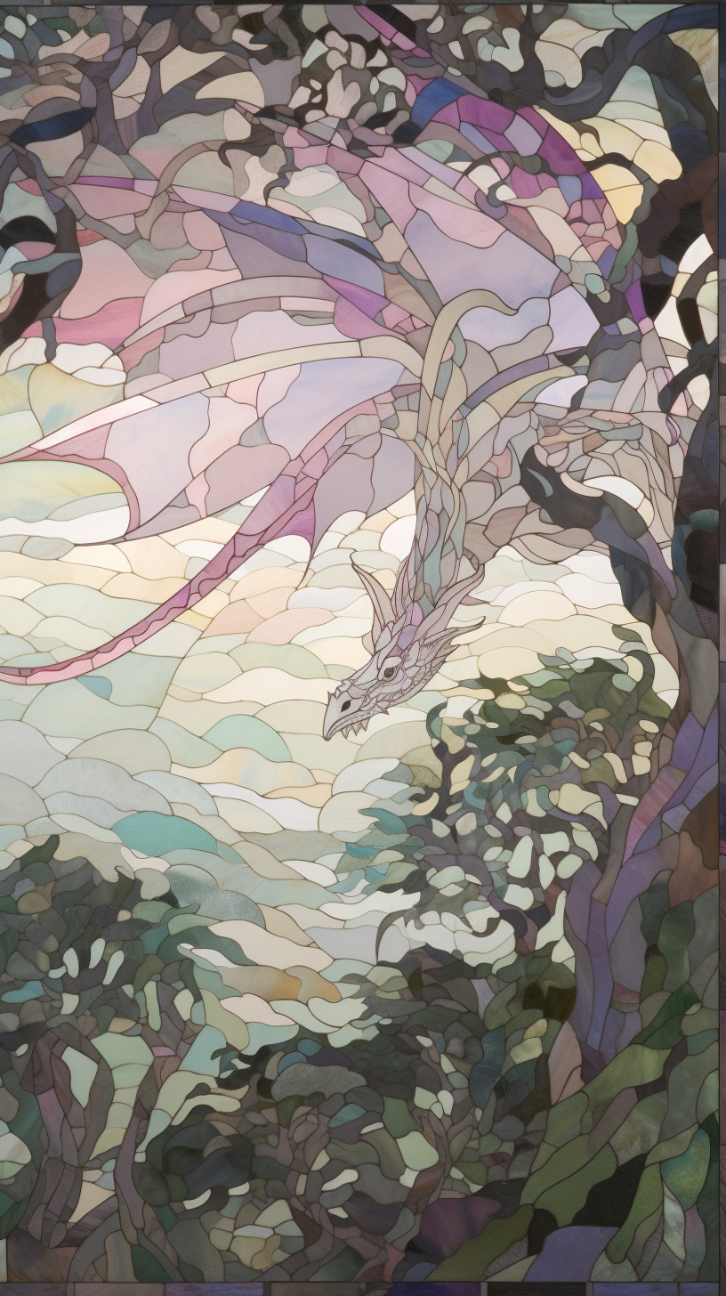 Pastel stained glass dragon flying over forest.