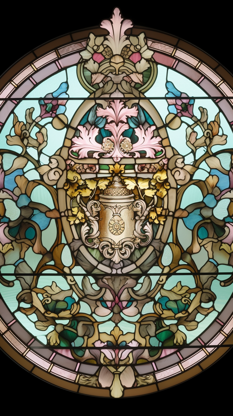 Pastel stained glass royal crest with intricate symbols.