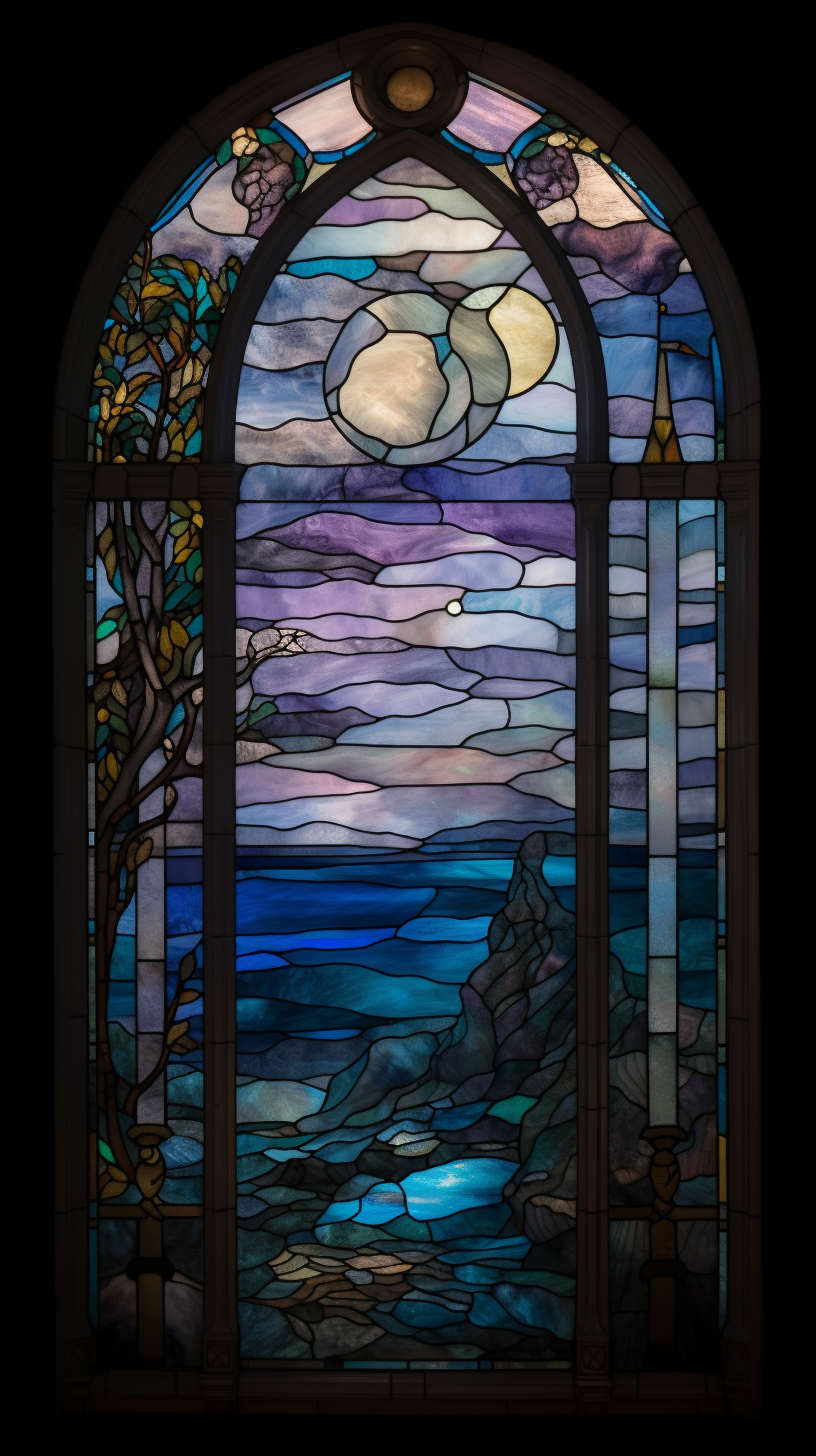 Pastel stained glass window scene with moonlight reflection.