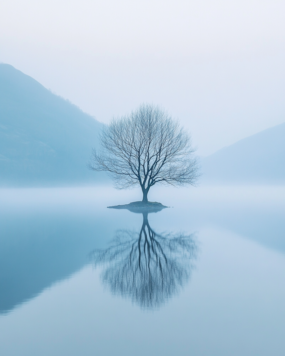 Pastel tree in serene lake district, misty morning photography.