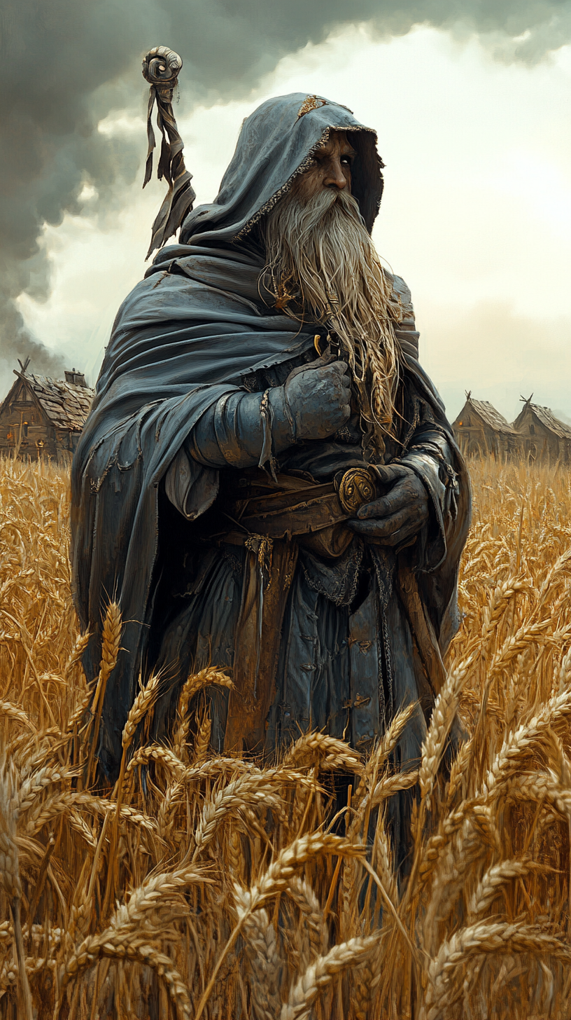 Pastor in blue vestments in wheat field with burnt village behind him.