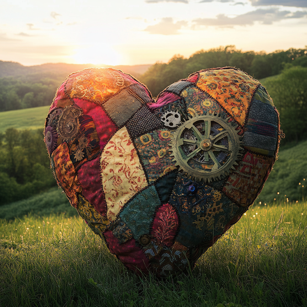 Patchwork heart on grass, gears within circle, broken. Sunrise.