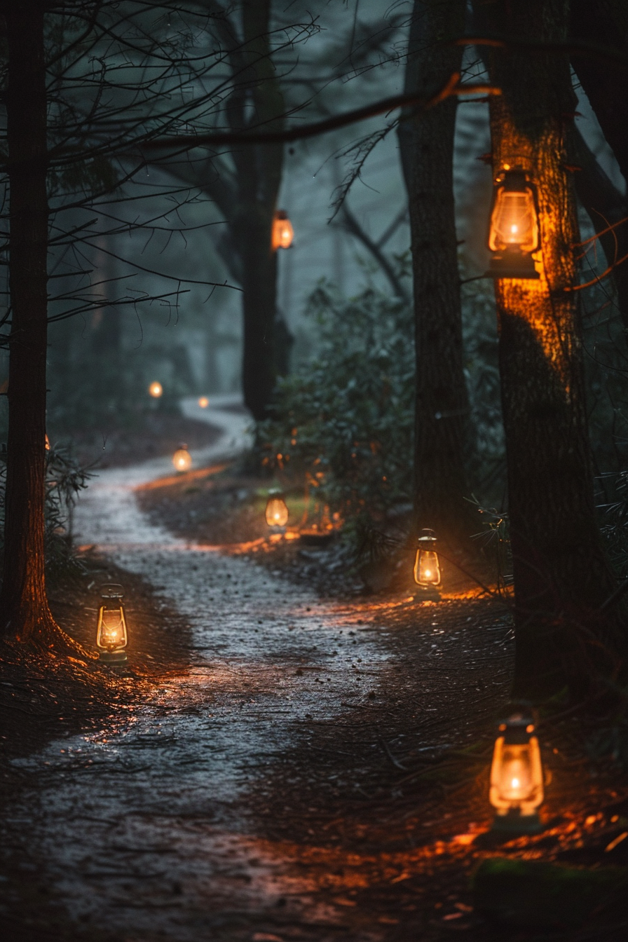 Path winding through dark forest, lit by lanterns guiding.