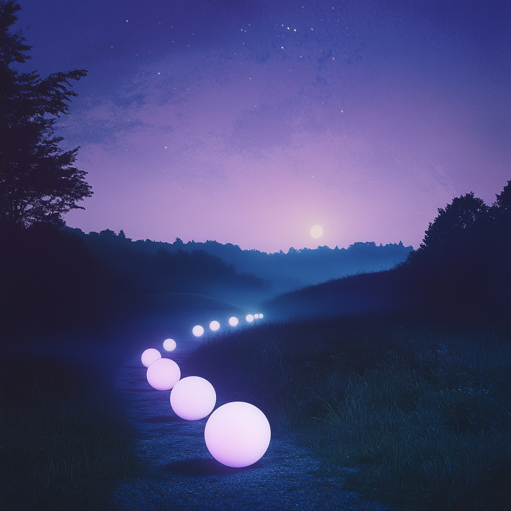 Pathway of glowing orbs leads towards ethereal light.