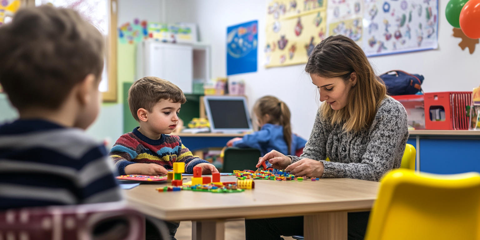 Patient teacher helps child with educational materials in classroom.