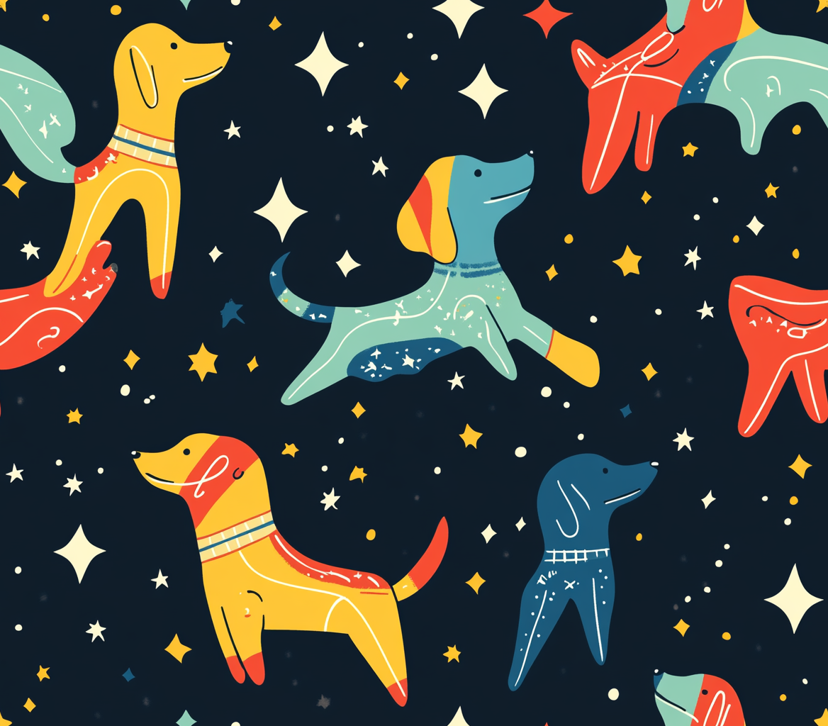 Pattern: Colorful dogs in space suits against starry sky.