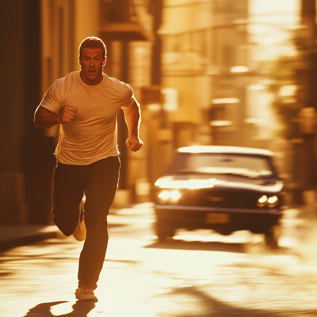 Paul Walker sprinting to vintage car in classic film.