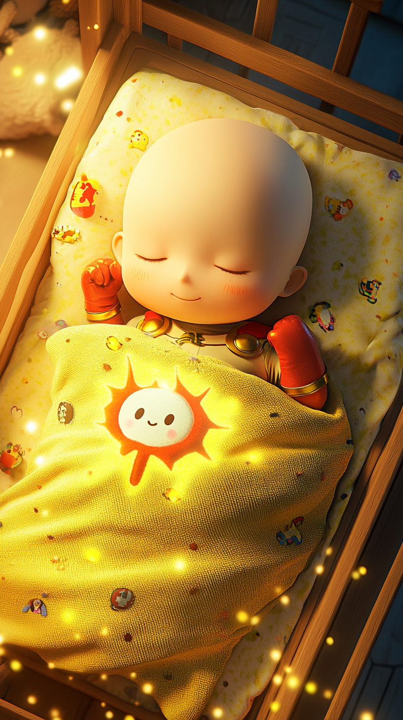 Peaceful Baby Saitama sleeping in cute superhero-themed crib.