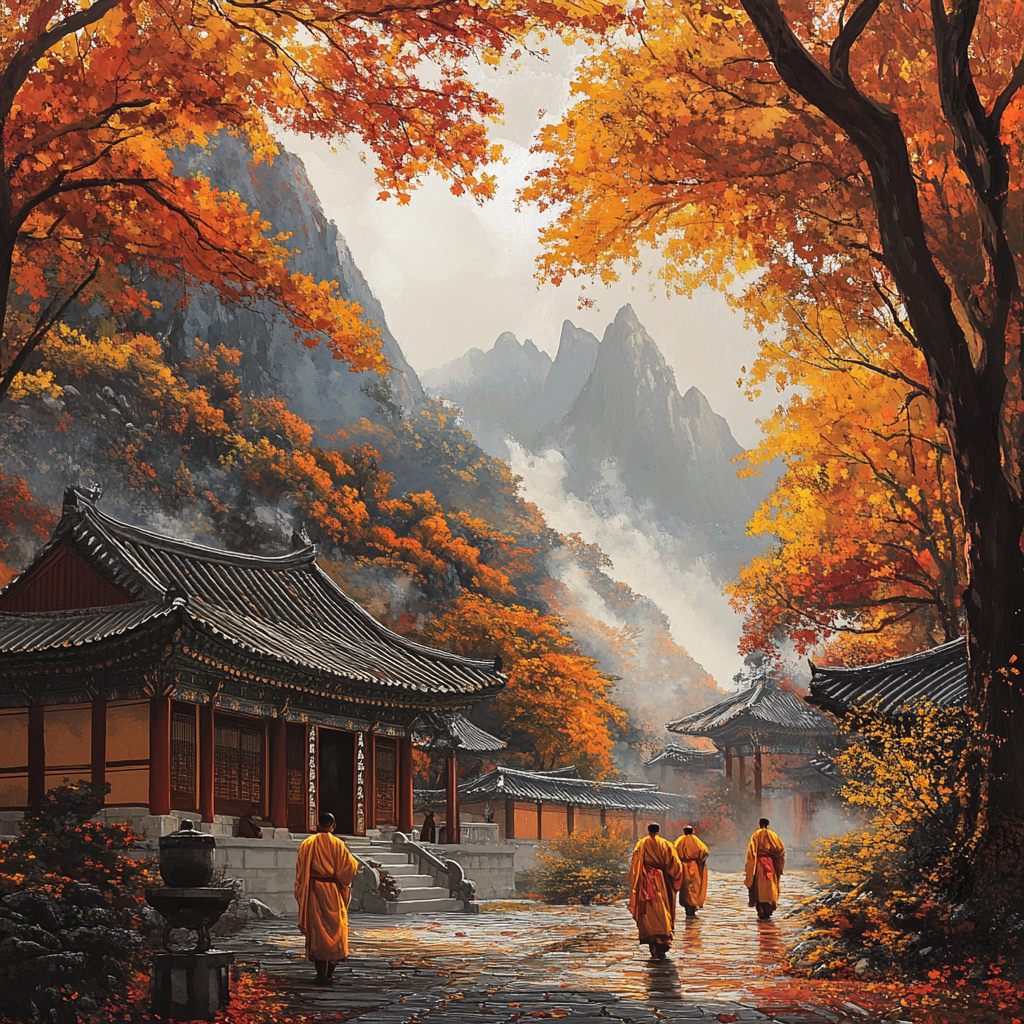 Peaceful Korean temple in mountains with monks walking