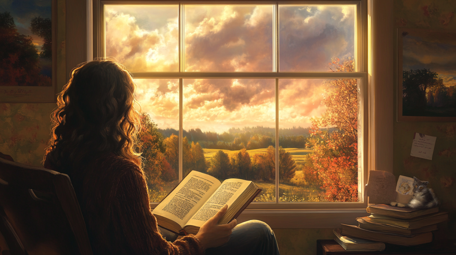 Peaceful Moment by the Window: Bible, Sunrise, Church