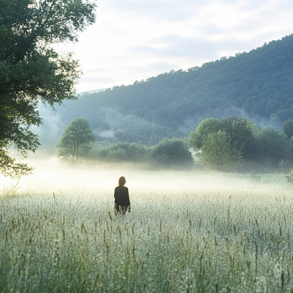 Peaceful Morning Stroll in Countryside Meadow Mist 