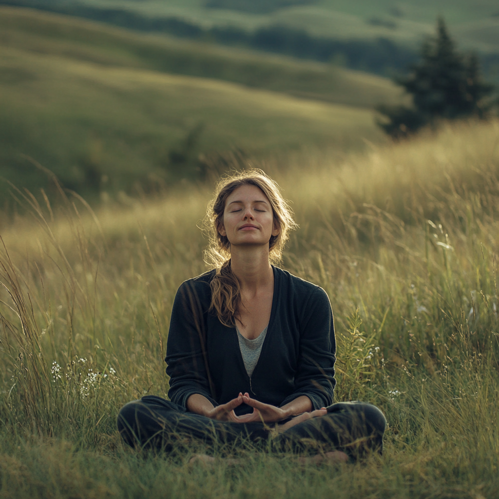 Peaceful Person Meditating in Serene Countryside 4K