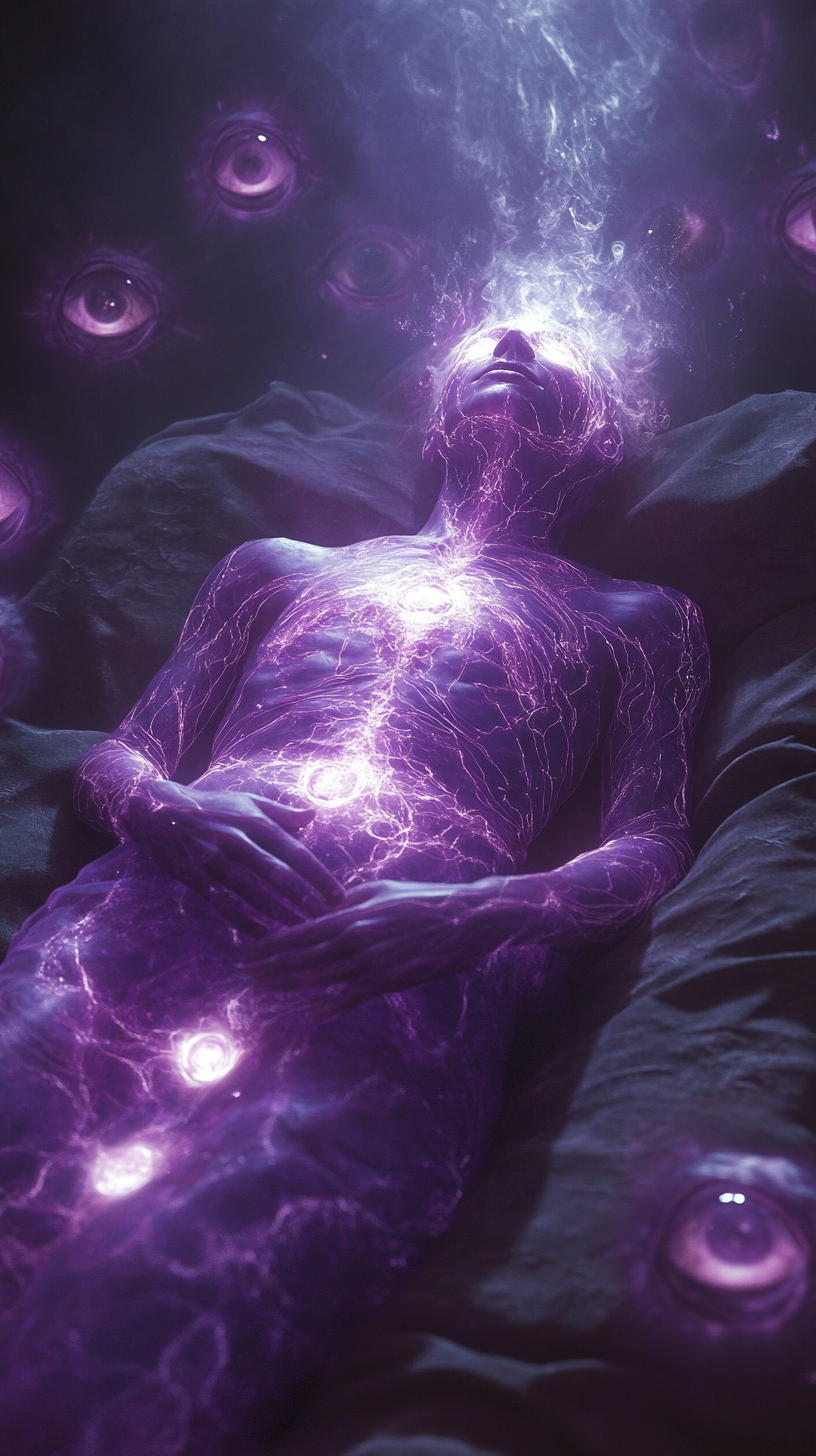 Peaceful Purple Figure Surrounded by Spiritual Energy