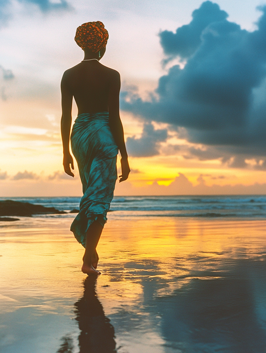 Peaceful Young Woman Walking on Beach at Sunset