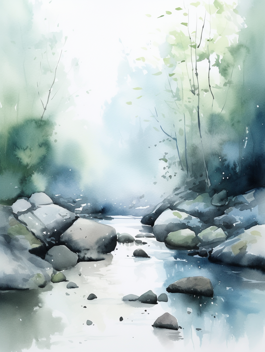 Peaceful forest stream in watercolor