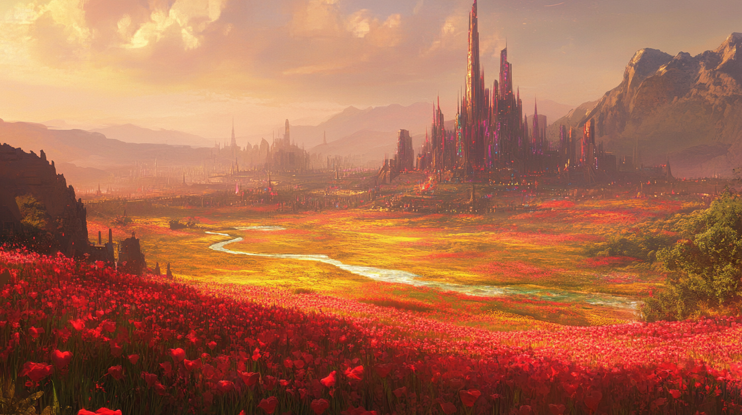 Peaceful landscape with red flowers, yellow brick road, warriors.