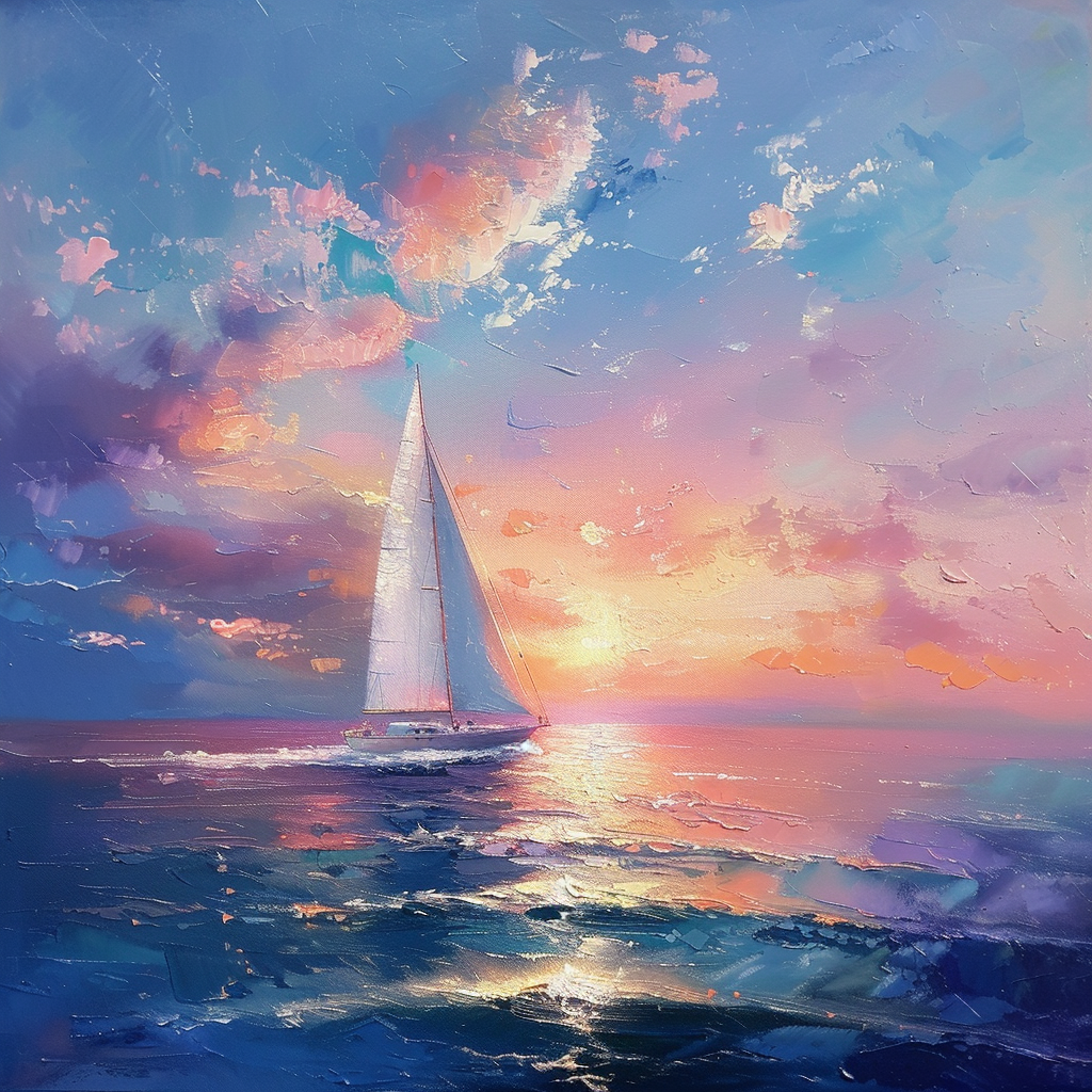 Peaceful oil painting of white sailboat under pink sunset.