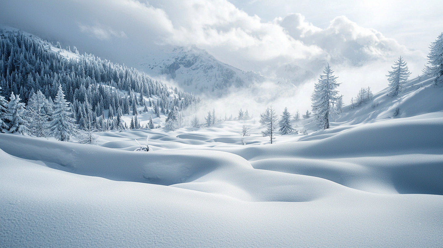 Peaceful winter scene of snowy mountain landscape.