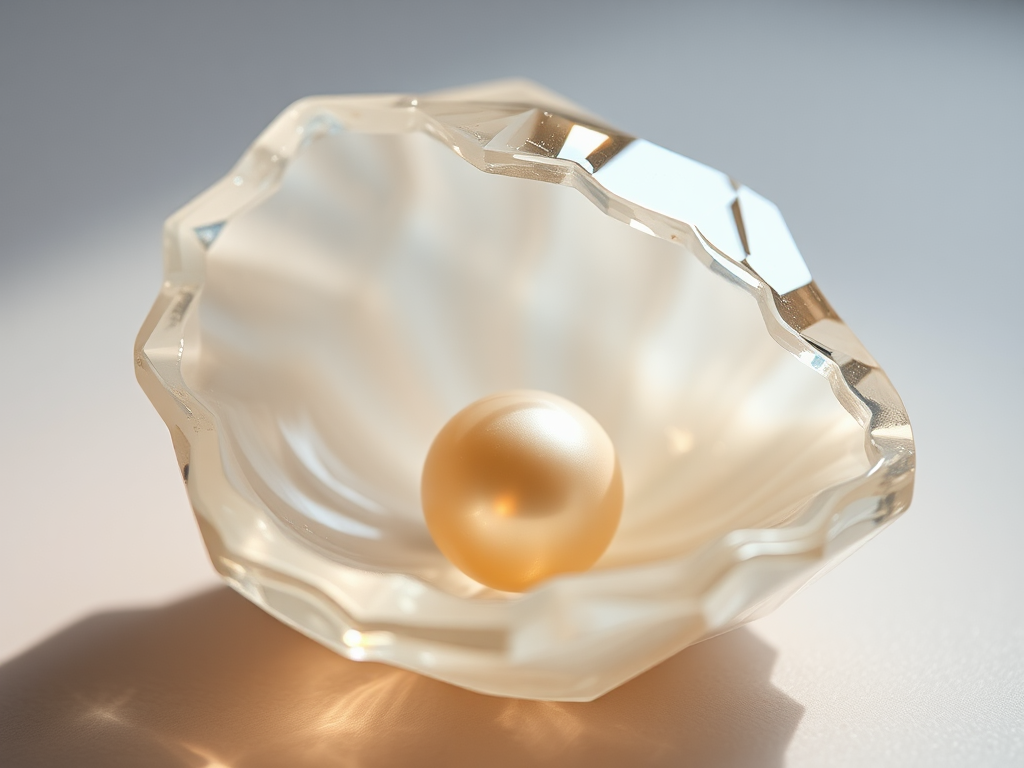 Pearl in crystal shell shimmering with ethereal glow.