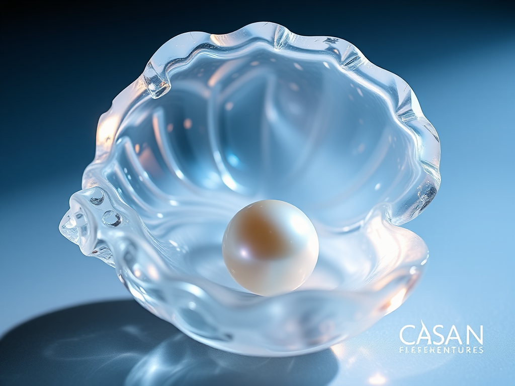 Pearl within crystal shell reflecting light and colors beautifully.