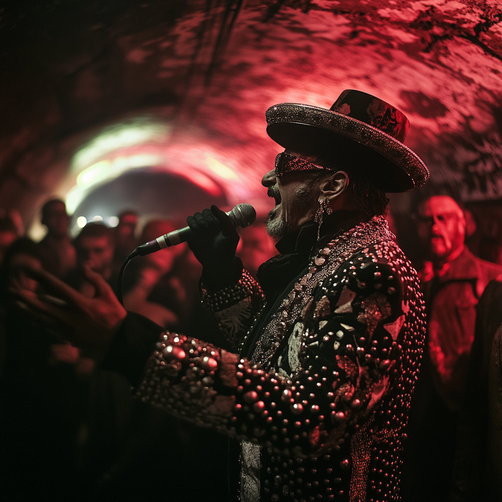 Pearly king preaching in dark, moody underground club.