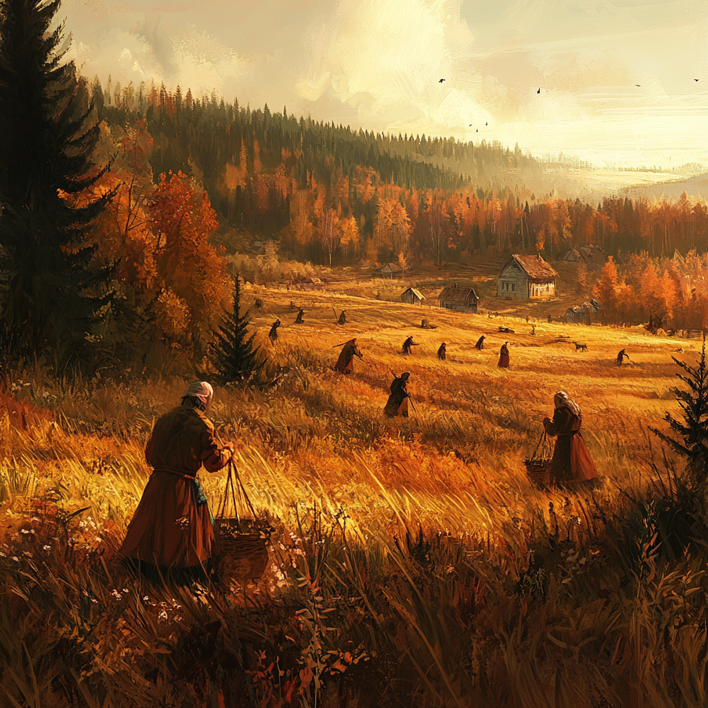 Peasants labor in autumn field with distant forest