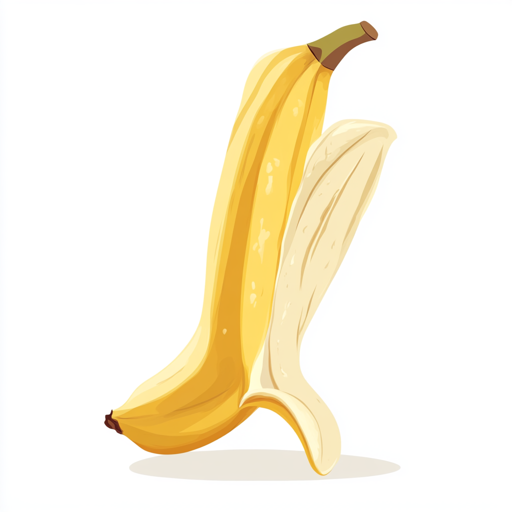 Peeled Banana with Glare, Cartoon Style, Flat View