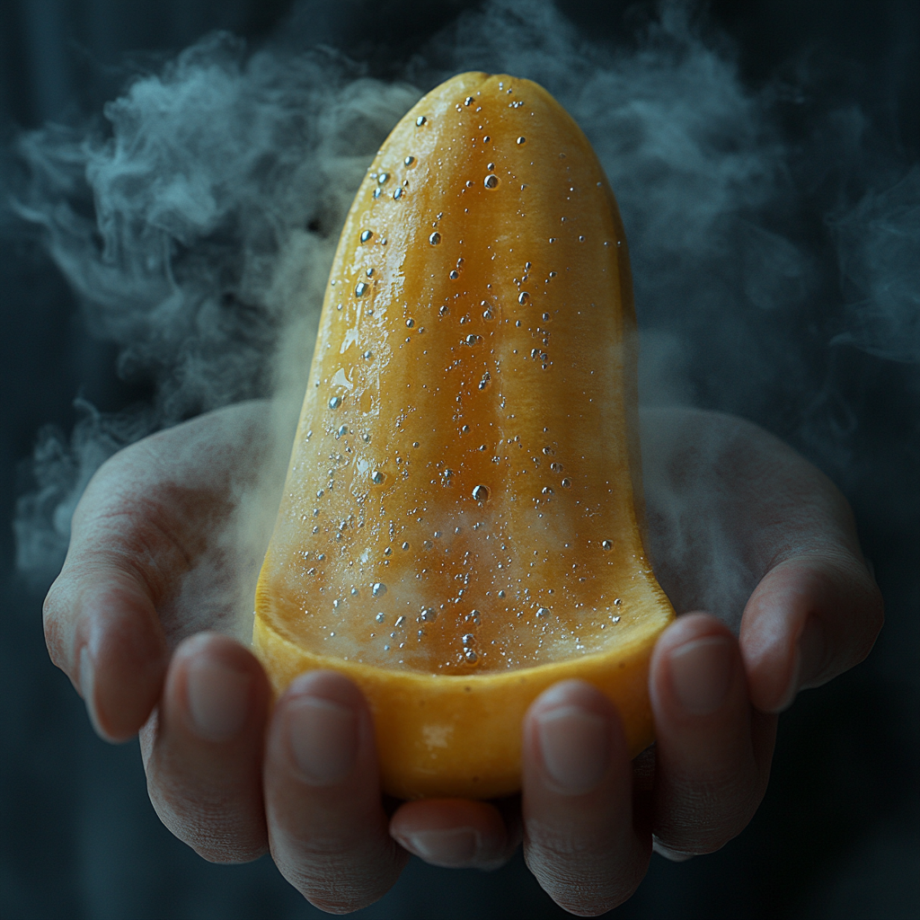 Peeled banana in hand with steamy smoke effect.