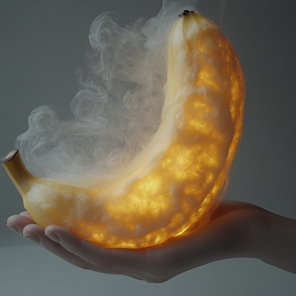 Peeled banana with smoke, bright yellow, contrasting background.