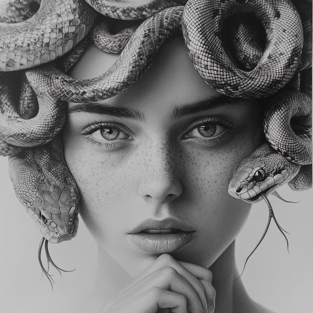 Pencil drawing of girl with snake hair and hand.