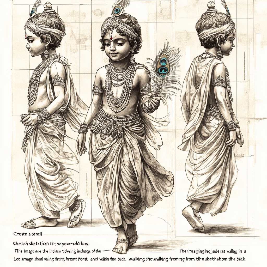 Pencil sketch of a boy depicted as Lord Krishna walking.