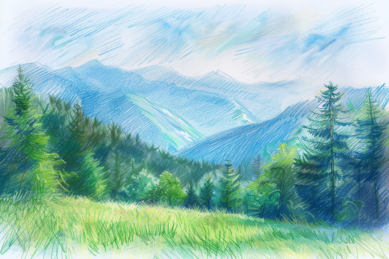 Pencil sketch of mountain landscape with vibrant colors.