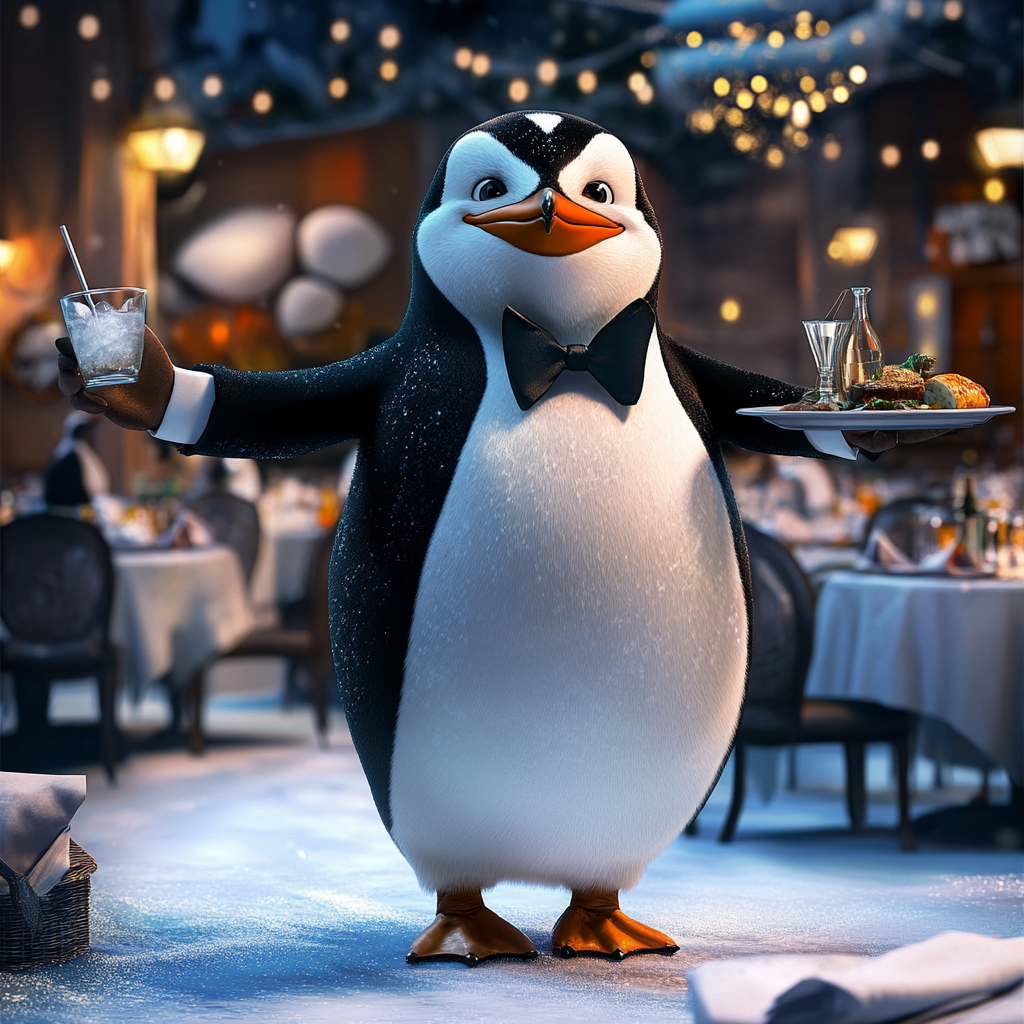 Penguin waiter serves drinks and dishes in restaurant.