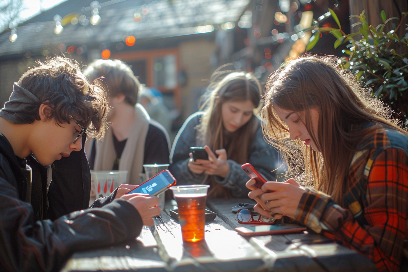 People Using Phones at Sunny Pub Garden