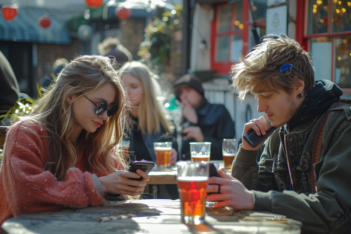 People Viewing Phones in Sunny Pub Garden