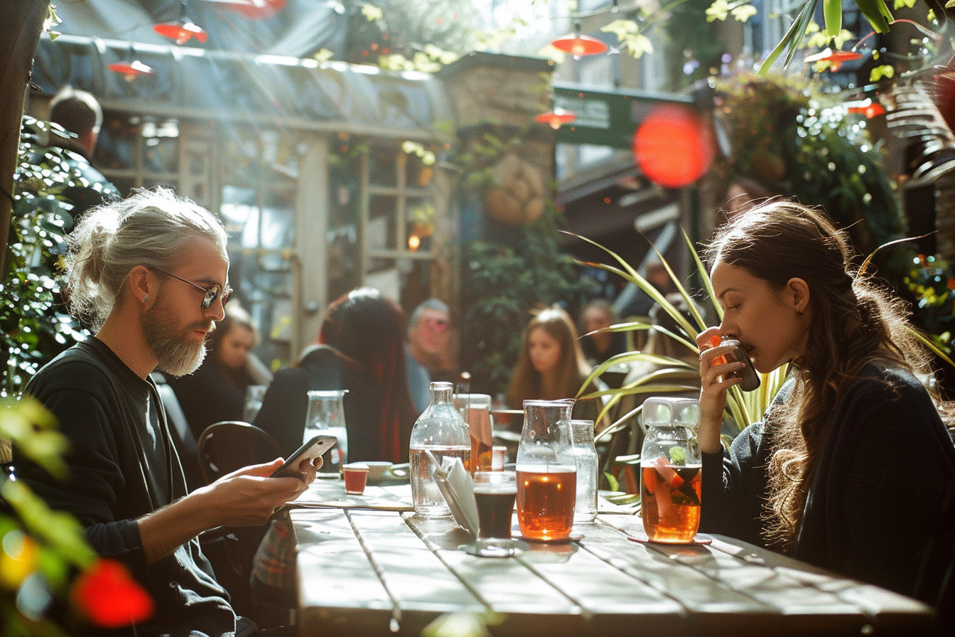 People at Sunny Pub Garden Using Phones