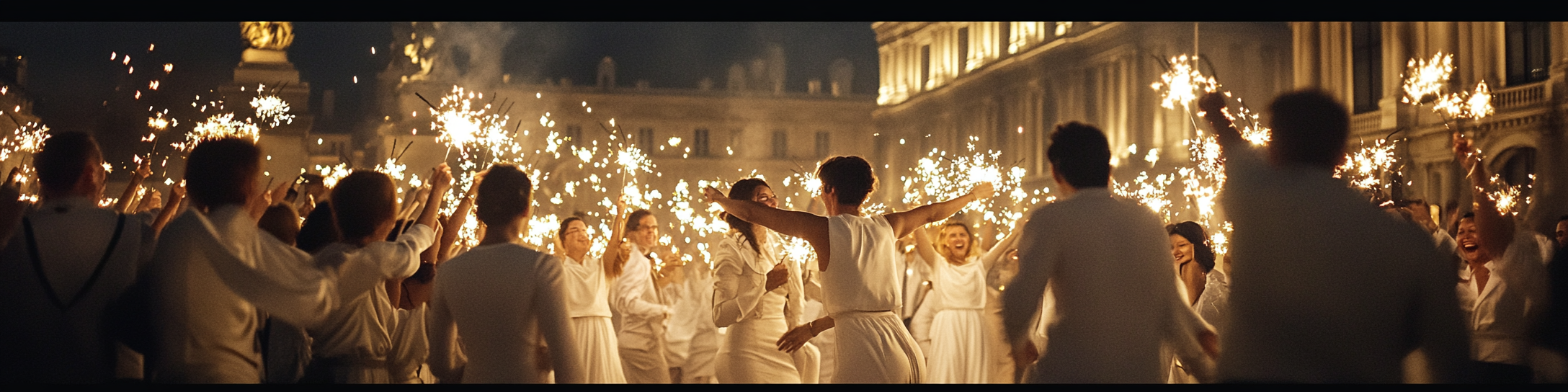 People celebrating New Year with sparklers in Paris.