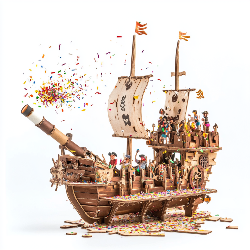 People cheer as cardboard pirate on ship spews confetti.