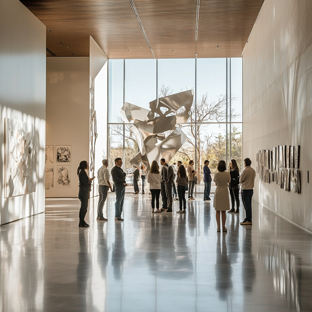 People discussing modern art in sleek museum gallery.