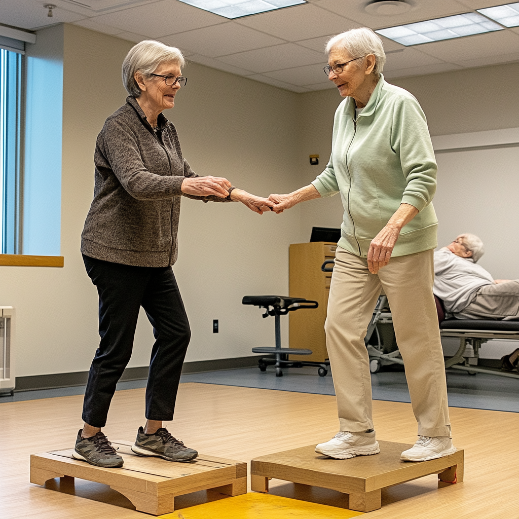 People doing everyday tasks with elderly person balancing.