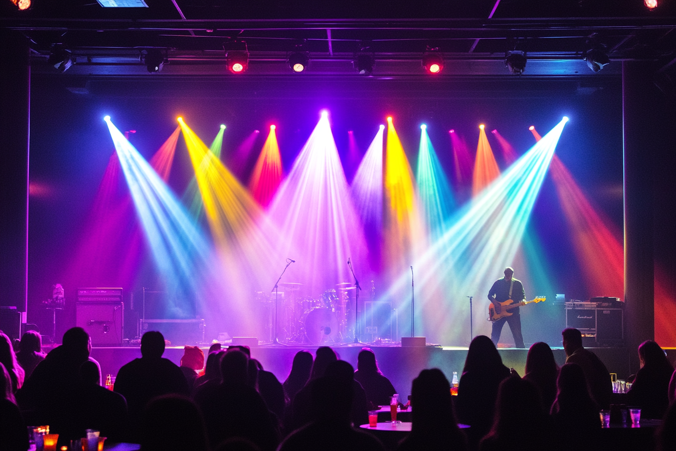 People enjoying music with colorful lights and tables