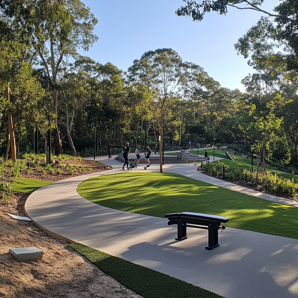 People exercising in outdoor gym surrounded by nature