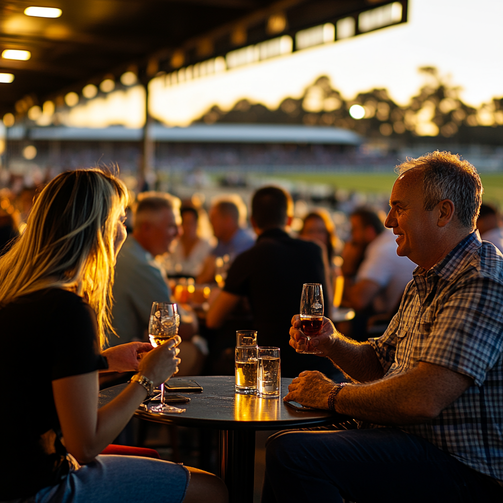 People having drinks at outdoor bar with sunset