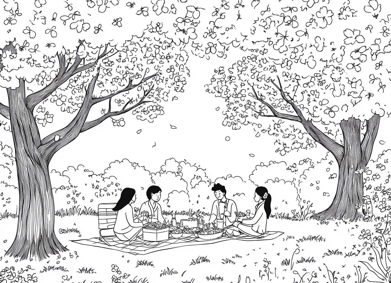 People having picnic under cherry blossom trees, coloring page.